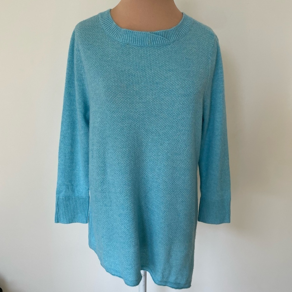 Magaschoni Cashmere Knit Cross Over Crewneck Asymmetric Hem Blue Sweater Small